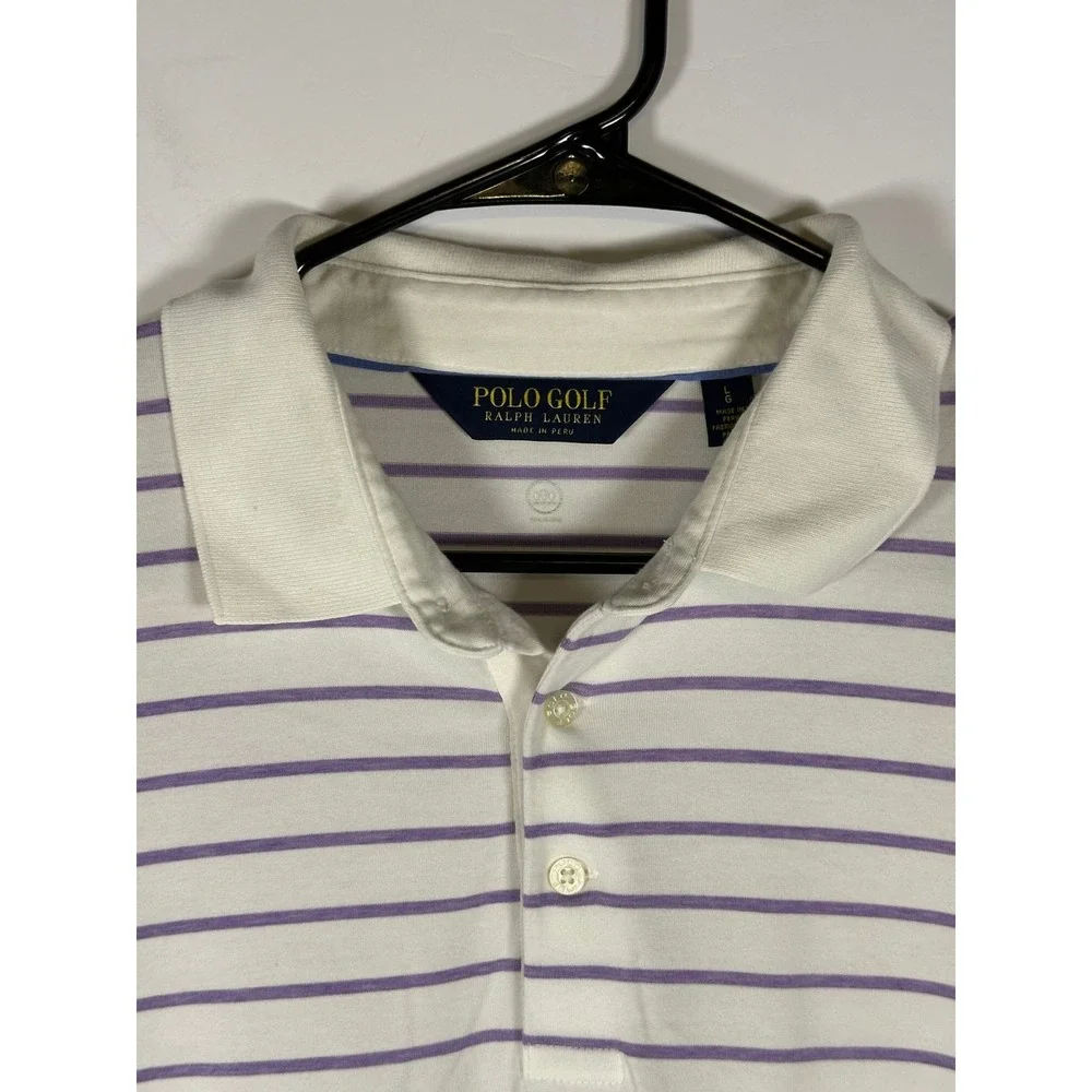 Polo Golf Ralph Lauren Polo Shirt Mens L White Lavender Stripe Short Sleeve